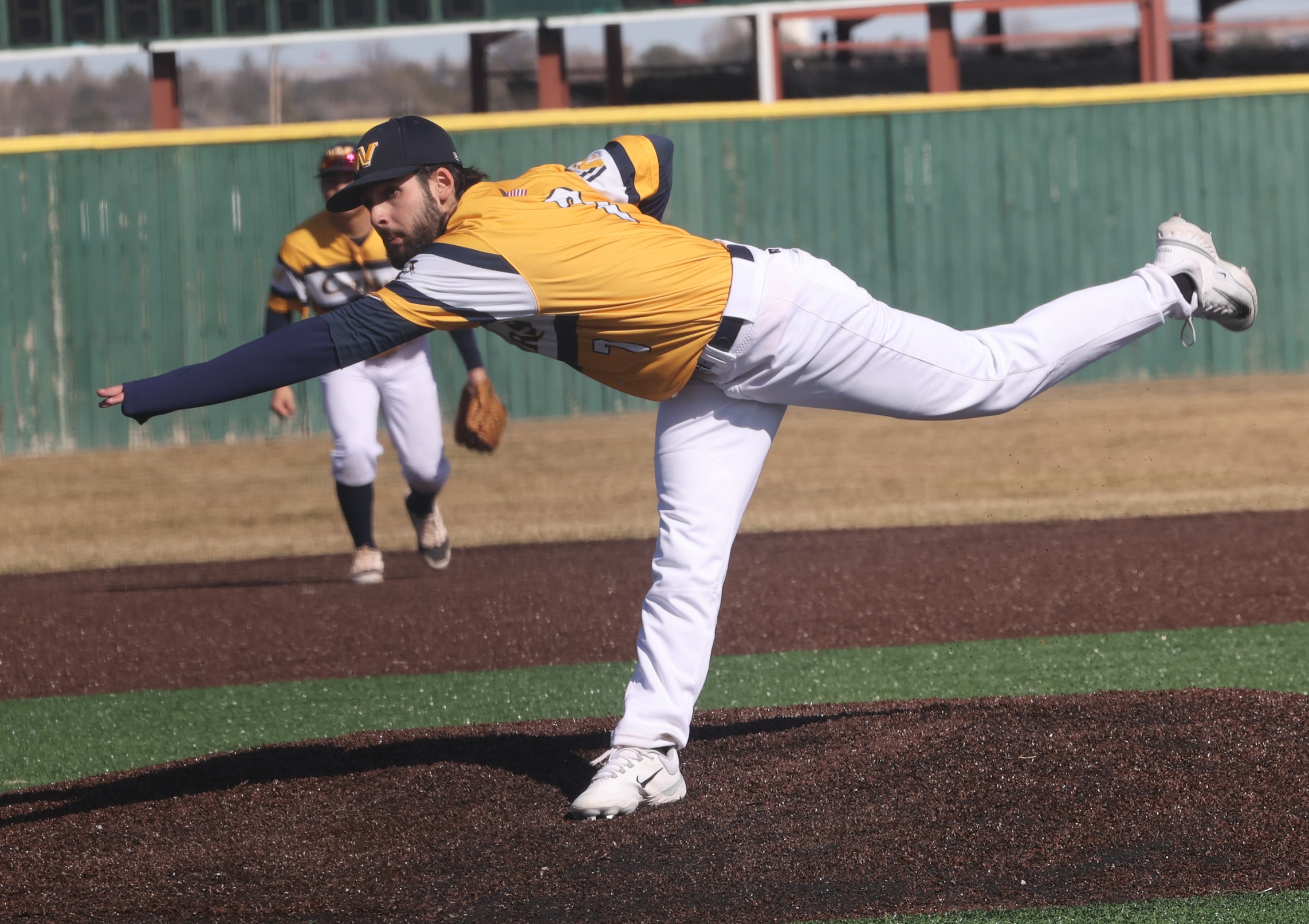 Valentin Blanc delivers a pitch in game one on Sunday against Miles. Blanc went five innings with eight strikeouts.