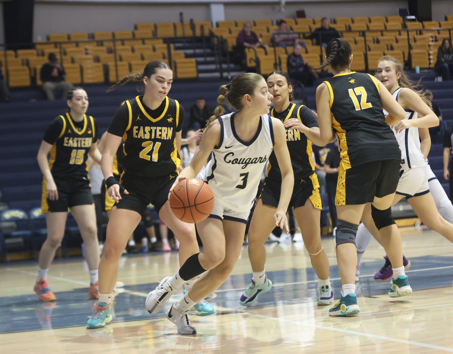 Lidia Hernandez brings the ball up the floor against EWC earlier in the season.