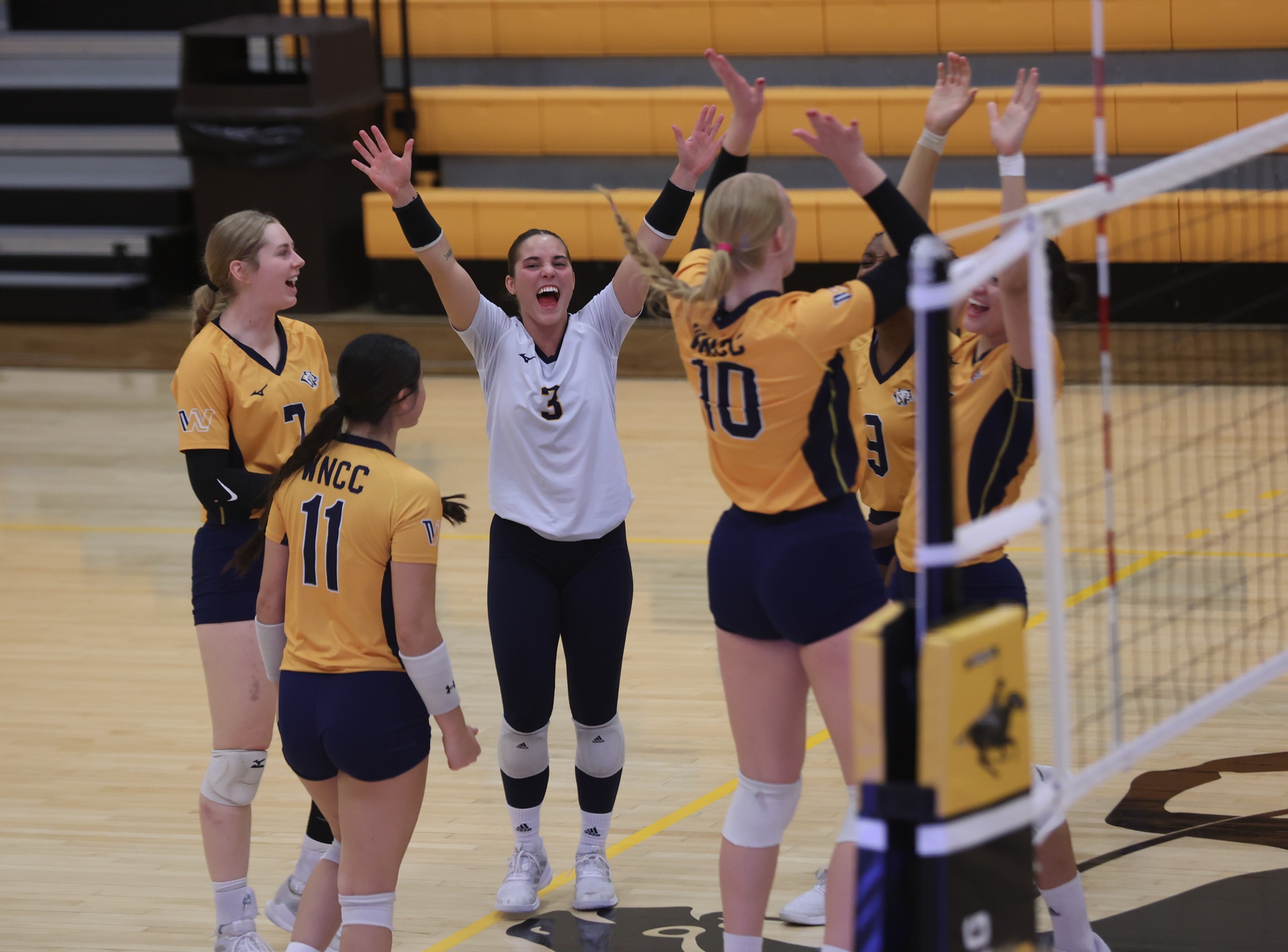 WNCC celebrates match point in a thrilling and long 5-set win over Central Wyoming Friday night in Torrington, Wyoming, in a match that ended at 10:45 p.m.